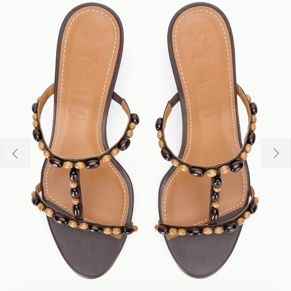 STAUD Brown Beaded T-Strap Block Heel Sandal